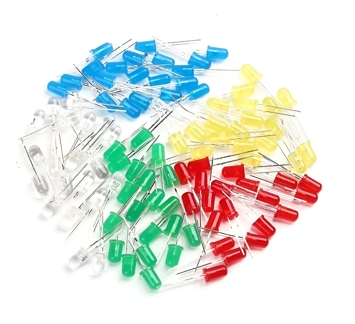 Pack 100 Diodos Led 5mm - 5 Colores Surtidos Blanco, Azul, Verde, Amarillo Y Rojo